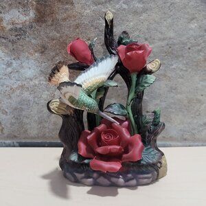 Vintage Porcelain Hummingbird with Sculptured Red Roses Highly Detailed Figurine